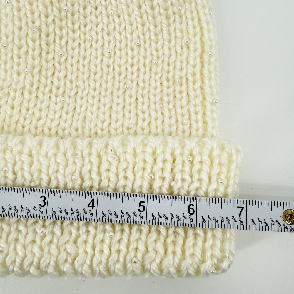 Cream Knit Beanie with Pearls Winter Warm Hat Womens Beanie One Size Preppy Cute - Picture 6 of 9